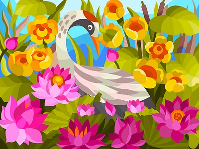 Crane among lotuses 3d animation black branding design graphic design illustration logo motion graphics t shirt t shirt design ui vector