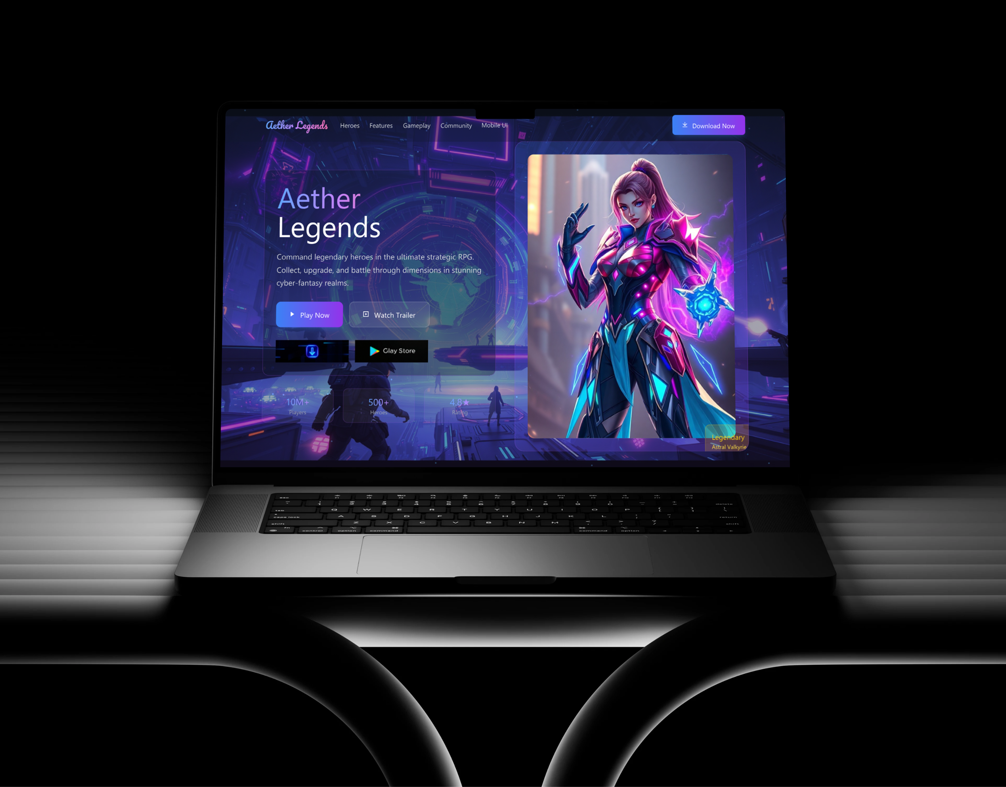 Aether Legends – Cinematic Game Landing Page UI cinematic ui game ui desin game website gaming interface landing page modern ui rpg design ui.ux