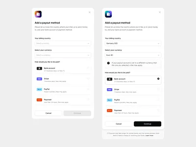 Payout Methods app design modal pop up product design ui ui design ux