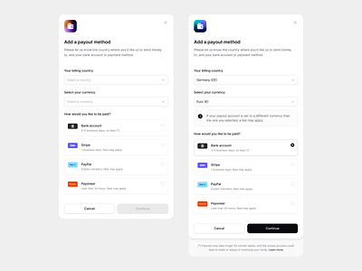 Payout Methods app design modal pop up product design ui ui design ux