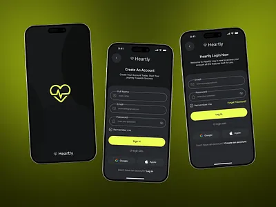 Health Tracker Log in & Sign up Screen android app designer create account health app screen health tracker heartly iso login login page login screen design mobile app design mobile app ui modern ui screen onboarding ui register sign up signup page signup ui user interface uxui design welcome screen