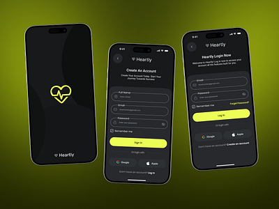 Health Tracker Log in & Sign up Screen android app designer create account health app screen health tracker heartly iso login login page login screen design mobile app design mobile app ui modern ui screen onboarding ui register sign up signup page signup ui user interface uxui design welcome screen