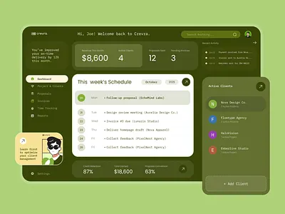 Crevra – Client Management SaaS app bento grid branding client management design concept figma graphic design green logo minimal design minimalist productivity app saas ui ui ux user interface visual identity web app website zen