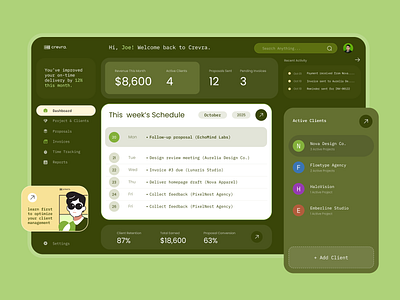 Crevra – Client Management SaaS app bento grid branding client management design concept figma graphic design green logo minimal design minimalist productivity app saas ui ui ux user interface visual identity web app website zen