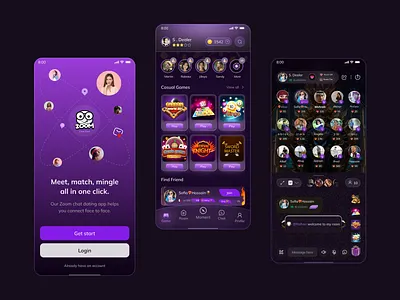 Zoom Live — Meet, Match & Chat App UI Design 💜 chat chat app clean ui dark mode app dating app figma design live livechat messaging app mobile app ui mobileappdesign modern app design purple theme social app design ui inspiration uiux video call app