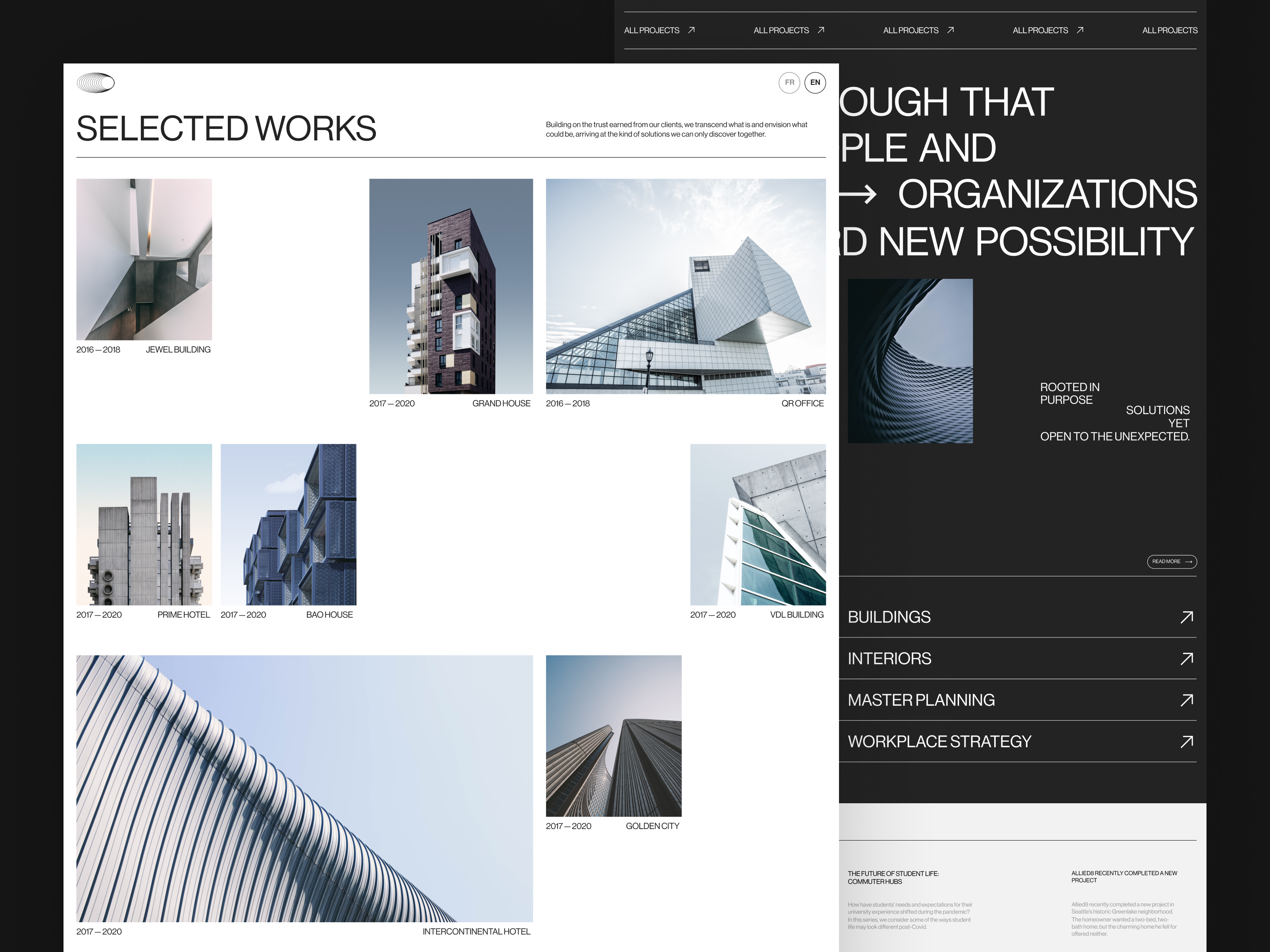 Design concept of an architectural studio website | Lazarev. 3d architecture concept blog building clean dark design gallery list minimal photo projects swiss style ui ux web white works