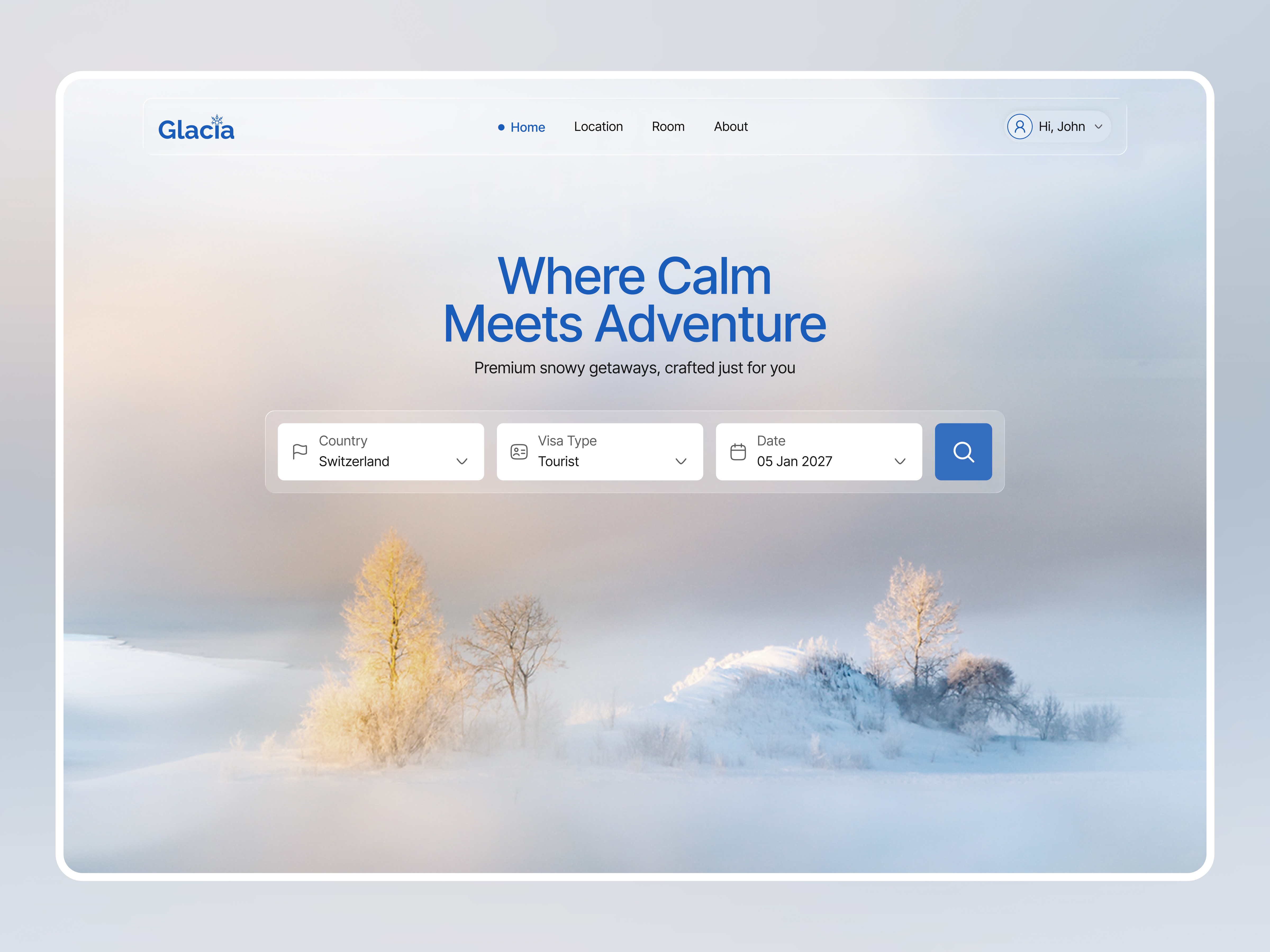 Glacia ✦ Premium Winter Travel Booking UI Design booking company holiday homepage interface landing page modern website startup travel travel booking travel booking company travel ui travel website trip ui ux vacation web web design website
