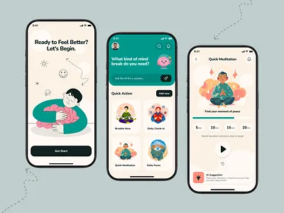 MindWell - AI Powered Mental Health App ai app ai app design ai health app ai mental health app app design fitness health app illustration ios medical meditation meditation app metalhealth mobile app modern app ui uiux ux