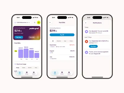 Electricity management app android appdesign charts clean dashboard fintech flat ios minimal mobileapp notifications payments shadcn shadcnui tailwind utility ux