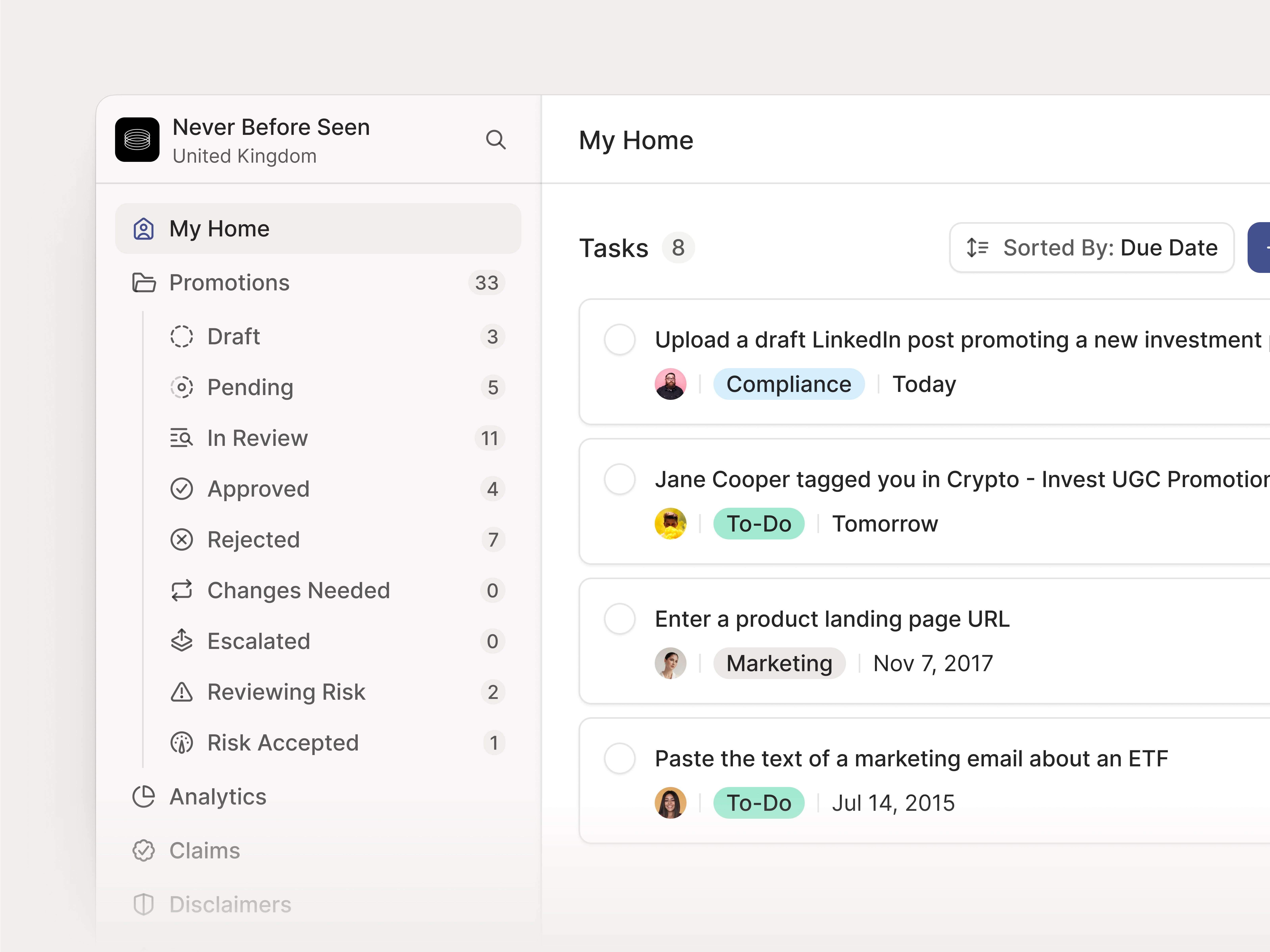 Example of Tasks overview