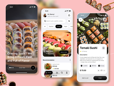 Fresh & Flavorful — Sushi App Mobile UI Design 🍣 app clean details flutter fooddelivery home minimal mobileapps mobileui modern new onboarding screens sushi ui ux