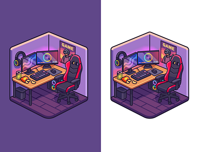 Gaming Workspace 🖥️🎧⚡👾 branding chair computer decoration desk desk setup device doodle flat gaming headphone icon illustration interior logo pc table technology workspace