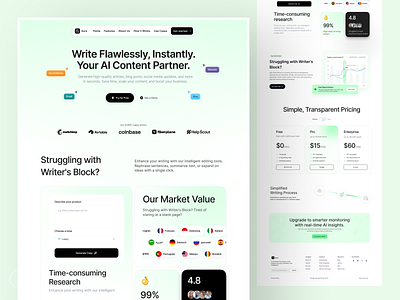 AI Writer Landing Page ai ai content generator ai landing page ai website design clean design content writer website fintech landing page light theme minimal mockup ui modern saas saas platfrom saas product software ui uiux designer web design writing assistant