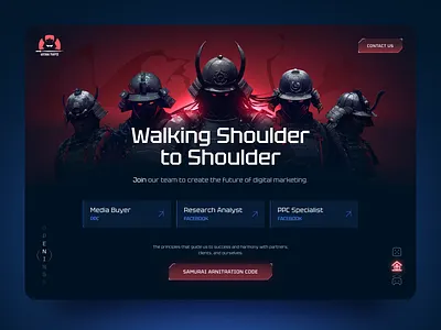 Samurai-Themed Digital Agency Website agency website creative agency cyberpunk dark ui digital marketing futuristic hero section landing page marketing website product design samurai ui design ui ux ux design web design website design