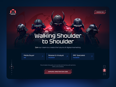Samurai-Themed Digital Agency Website agency website creative agency cyberpunk dark ui digital marketing futuristic hero section landing page marketing website product design samurai ui design ui ux ux design web design website design