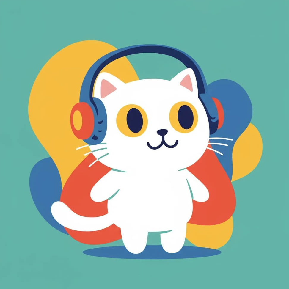 Tegneseriehvit katt med blå hodetelefoner animation app branding card design font graphic design icon idea illustration logo motion graphics pattern plant sign typography ui ux vector web