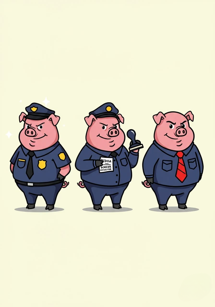 Three cartoon pigs in security uniforms animation app branding card design font graphic design icon idea illustration logo motion graphics pattern plant sign typography ui ux vector web