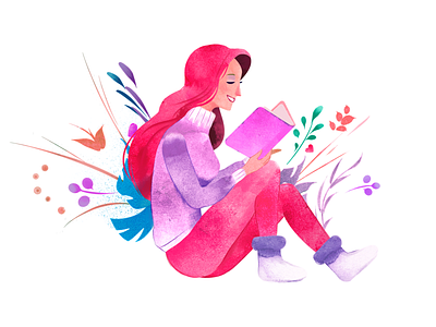 Illustration - 4 character flat design girl illustration people reading time recreation woman