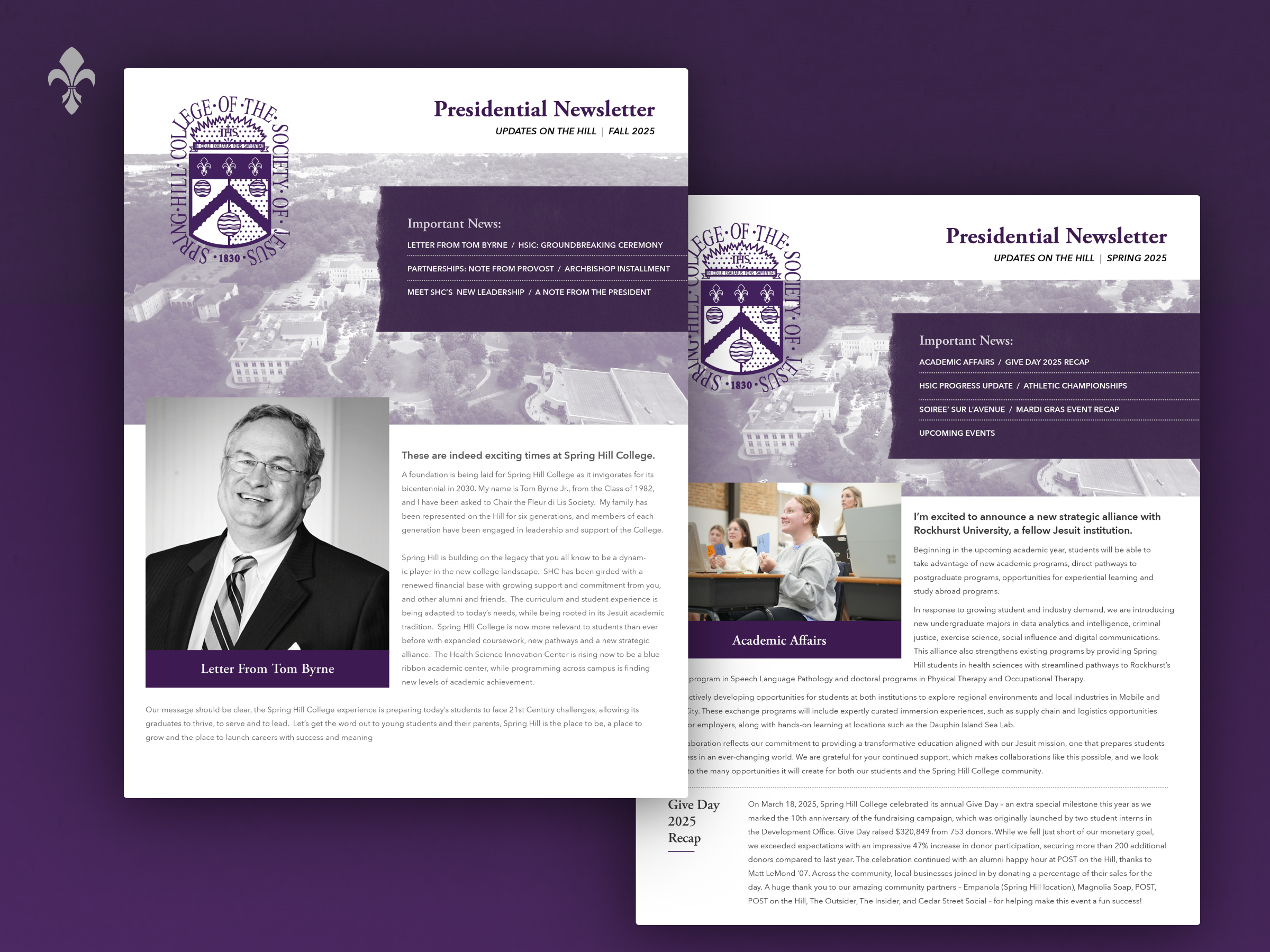 Presidential Newsletter: Spring & Fall 2025 brand collateral college college publication content design graphic design higher education newsletter newsletter design presidential collateral print publication design university visual design