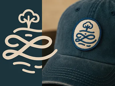 River Lands Monogram Logo badge design branding cursive elegant emblem hat illustration lettering logo logo design logos luxury monogram nature park patch river tree vintage water