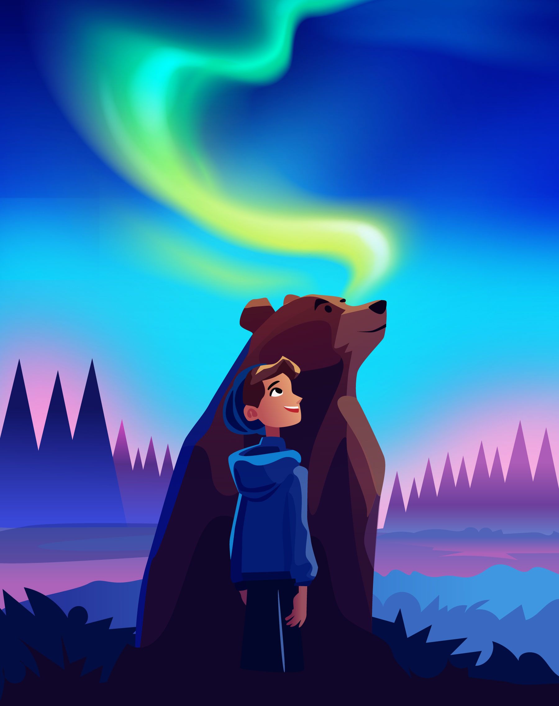 The Gazing Friend - Cartoon Movie Poster Illustration alaska animals art bear book boy cartoon children film flat illustration happy illustration kids movie norway vector wild winter