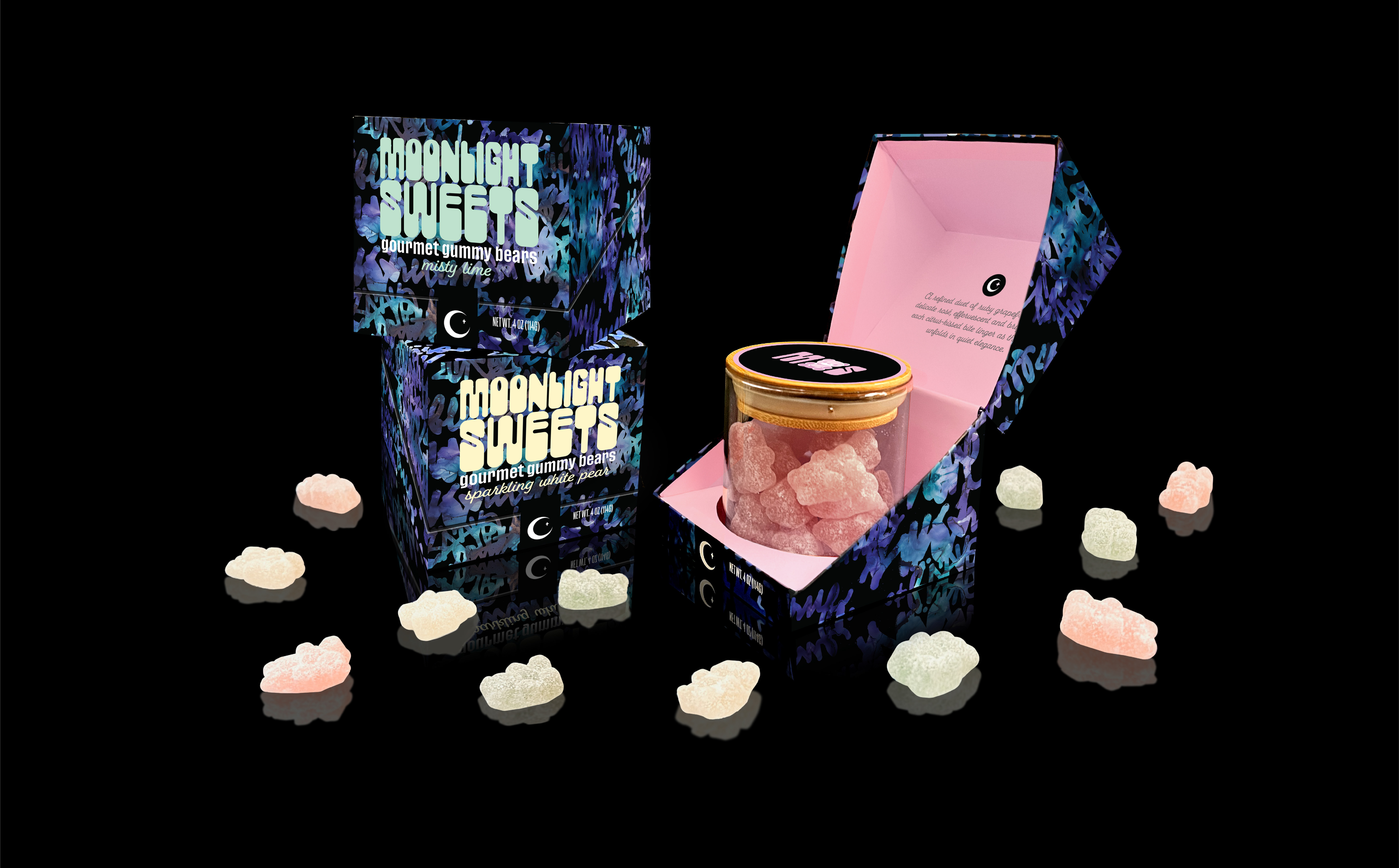 Moonlight Sweets—Gourmet Gummy Bears concept gourmet gummy bears gourmet packaging gummy bears logomark merchandise naming packaging design pattern design product line