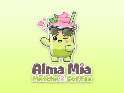 Alma Mia Matcha & Coffee Cute Logo branding bubble drink cartoon cartoon character cartoon cute cartoon logo character design coffee logo cute logo cute sticker graphic design illustration kawaii logo logo love mascot brand mascot logo matcha logo stickers vector