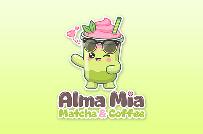 Alma Mia Matcha & Coffee Cute Logo branding bubble drink cartoon cartoon character cartoon cute cartoon logo character design coffee logo cute logo cute sticker graphic design illustration kawaii logo logo love mascot brand mascot logo matcha logo stickers vector