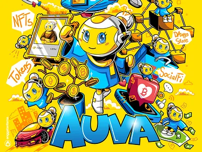 Auva bitcoin blockchain character clean coin crypto cute finance girl icon illustration investment logo mascot nft robot simple social media vector