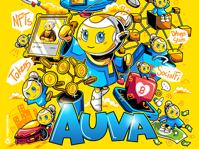 Auva bitcoin blockchain character clean coin crypto cute finance girl icon illustration investment logo mascot nft robot simple social media vector