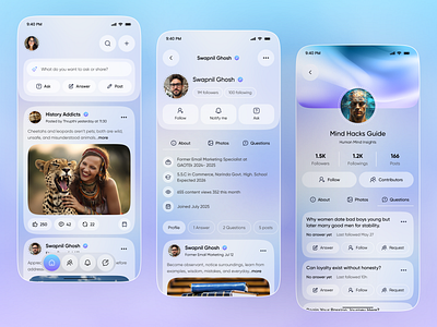 Knowledge Sharing App UI — Modern Q&A Social Platform Design ai app ai assistant app design community app discussion app feed ui glassmorphism interaction design knowledge app mobile mobile app qna app social app social network social platform ui design user profile