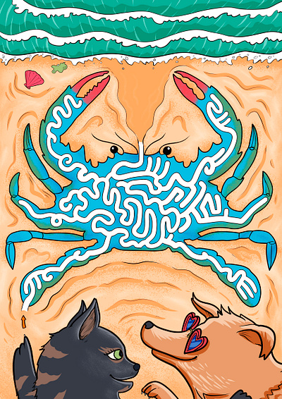 "Crab Maze" (extract from a color book project) animal art beach book branding children illustration color book color pencil crab design draw dream fun game illustration maze water ink