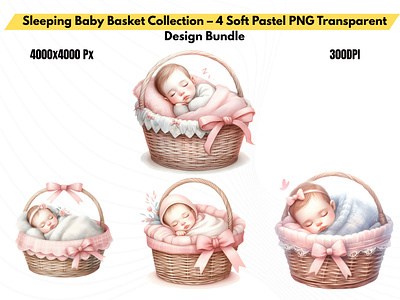 Sleeping Baby Basket Collection – 4 Soft Pastel PNG wovenbasketclipart
