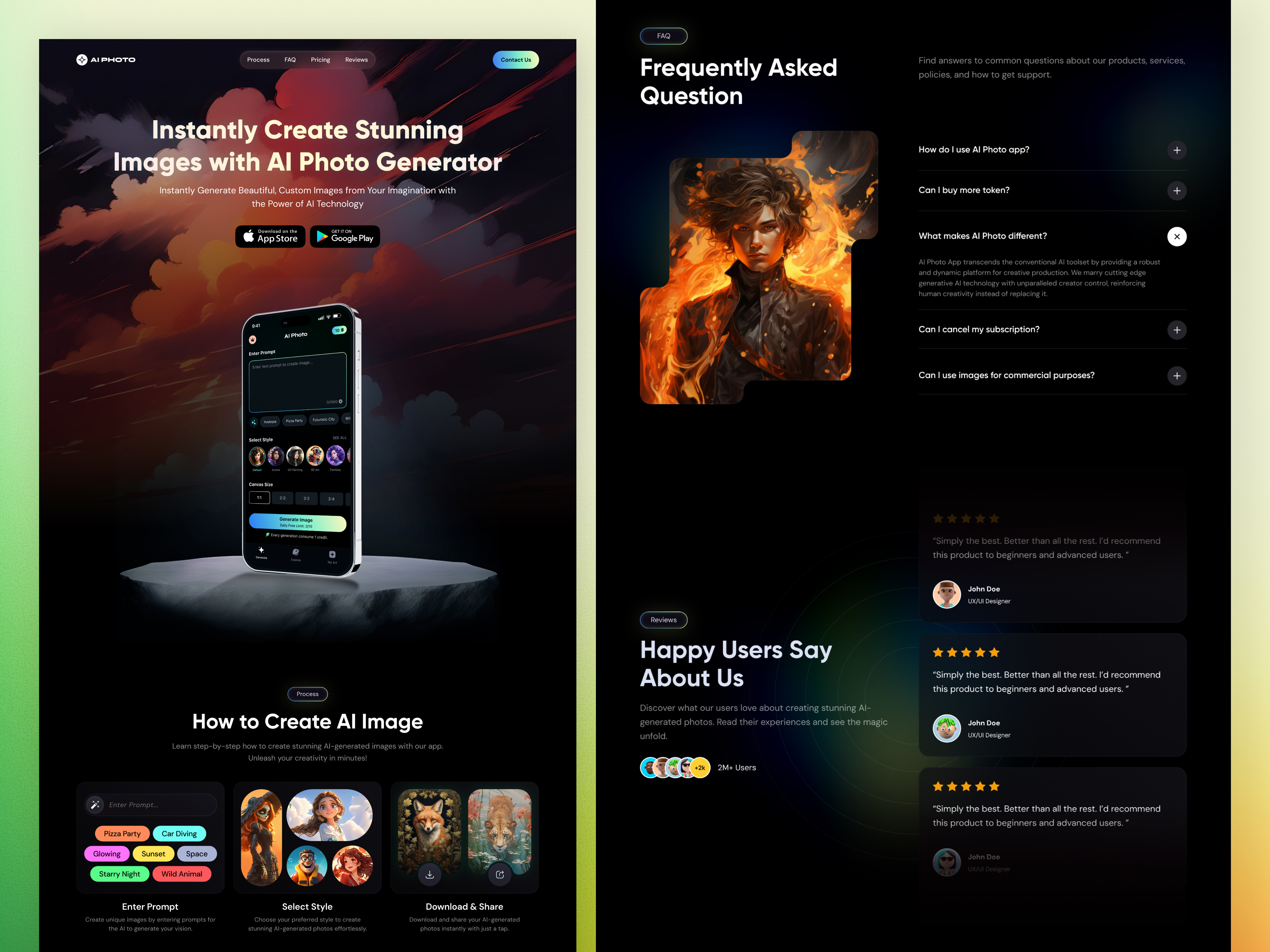 AI Photo Generator – Landing Page Exploration aidesign app design app landing page chatgpt design gemini generation ai landing page minimal prompt responsive design ui uidesign uiinspiration uitrends ux uxdesign web website website design
