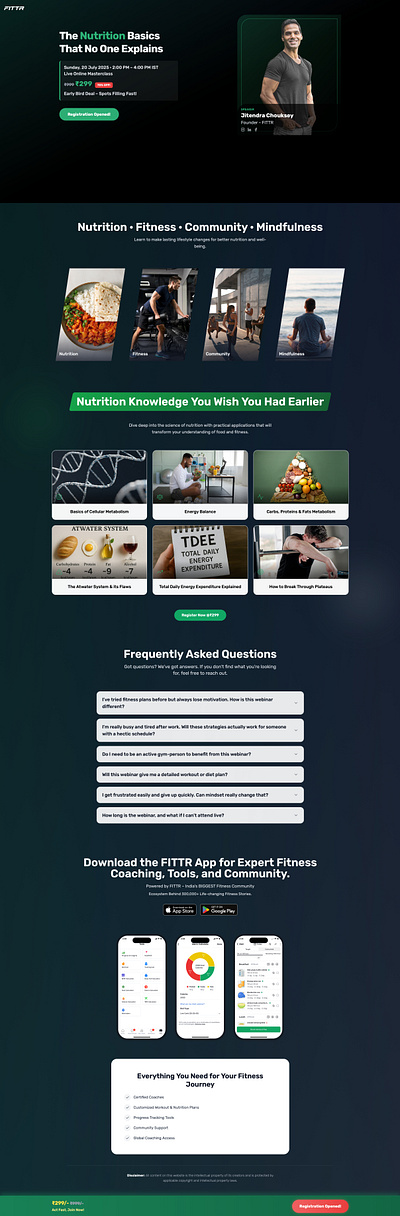 Fittr Masterclass - Nutrition Basics black coach community dark fitness funnel gradient green gym health landing page masterclass nutrition premium sleek website
