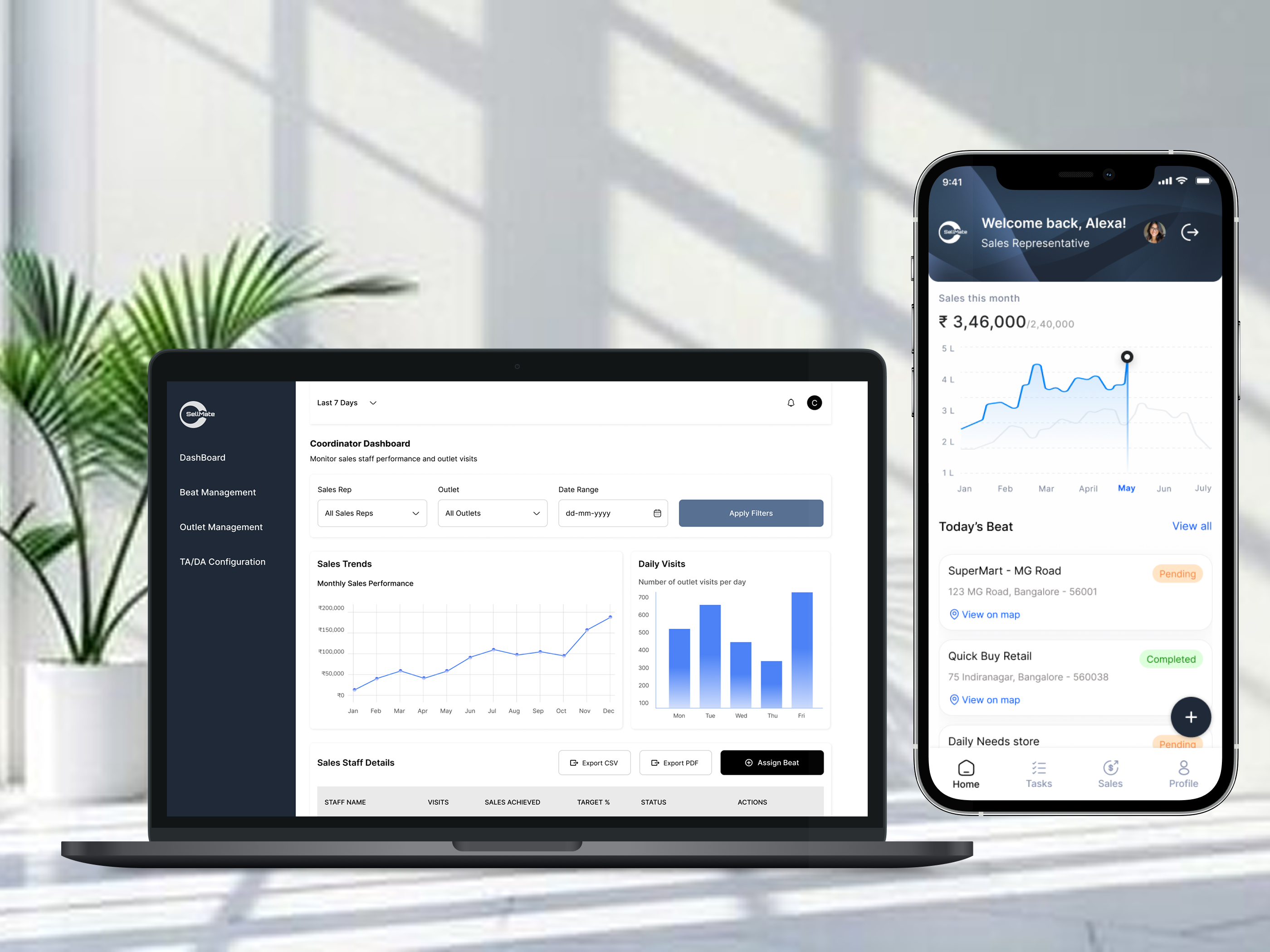 SellMate - Mobile + Web Dashboard UI appdesign businessapp dashboarddesign digitaltransformation enterpriseui fieldsales mobileux performancetracking productivityapp rolebasedaccess saasdesign salesapp salesautomation salesforcemanagement salesmanagement uxui webappdesign