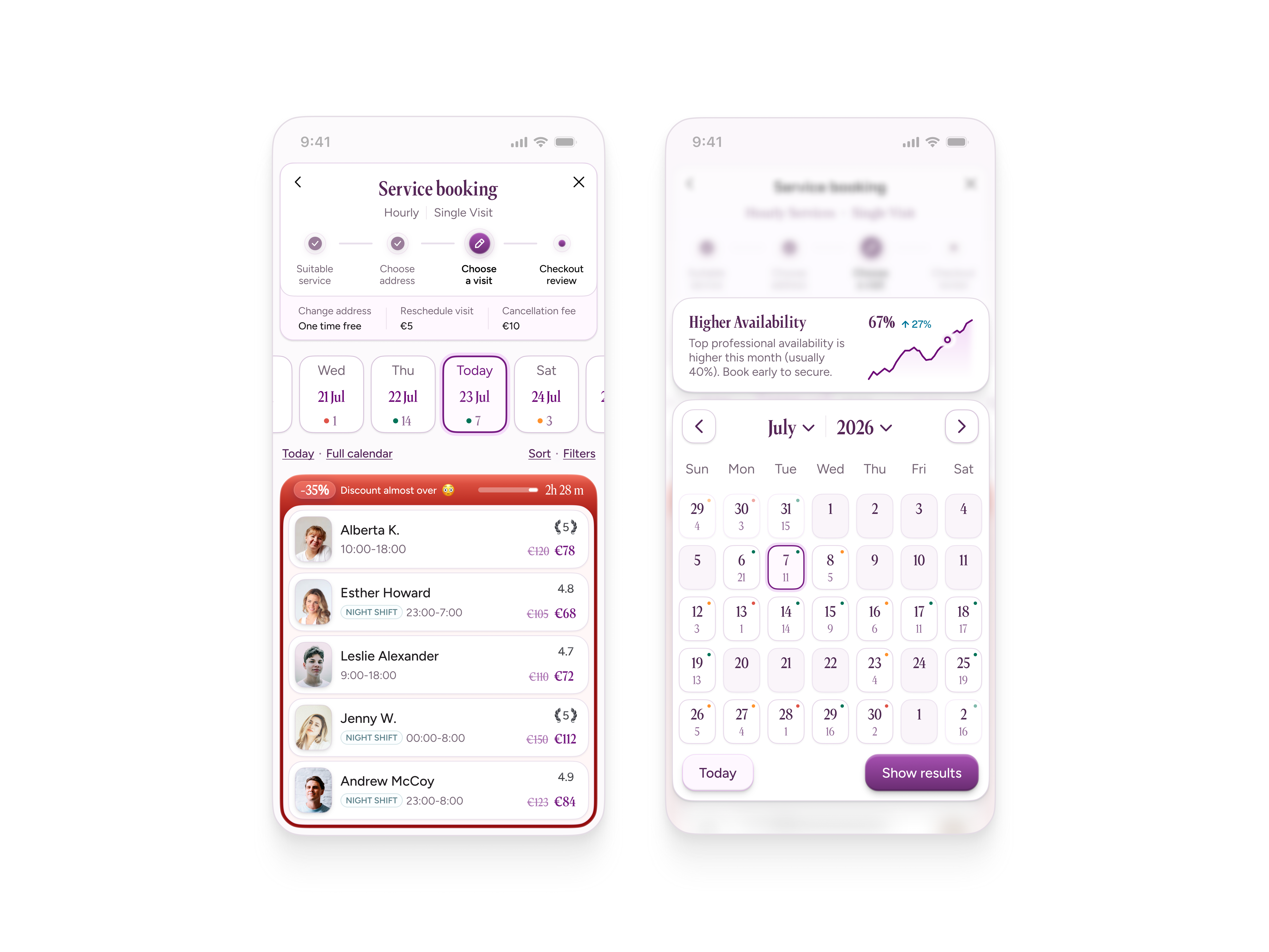 📅 Service Booking App – Smart Scheduling UI app blur boocking button calendar carousel chart flow graph list mobile modal native popover purple red schedule service stepper tooltip