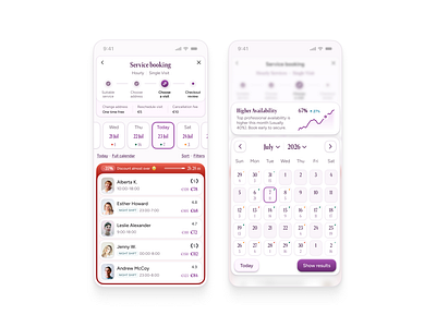 📅 Service Booking App – Smart Scheduling UI app blur boocking button calendar carousel chart flow graph list mobile modal native popover purple red schedule service stepper tooltip