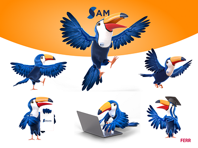SAM / UP-BRAND / 3D MASCOT 3d mascot bird blue bird branding c4d education ferr ferrstudio institutionnal mascot mascotte rig sam sam bird toucan upbrand
