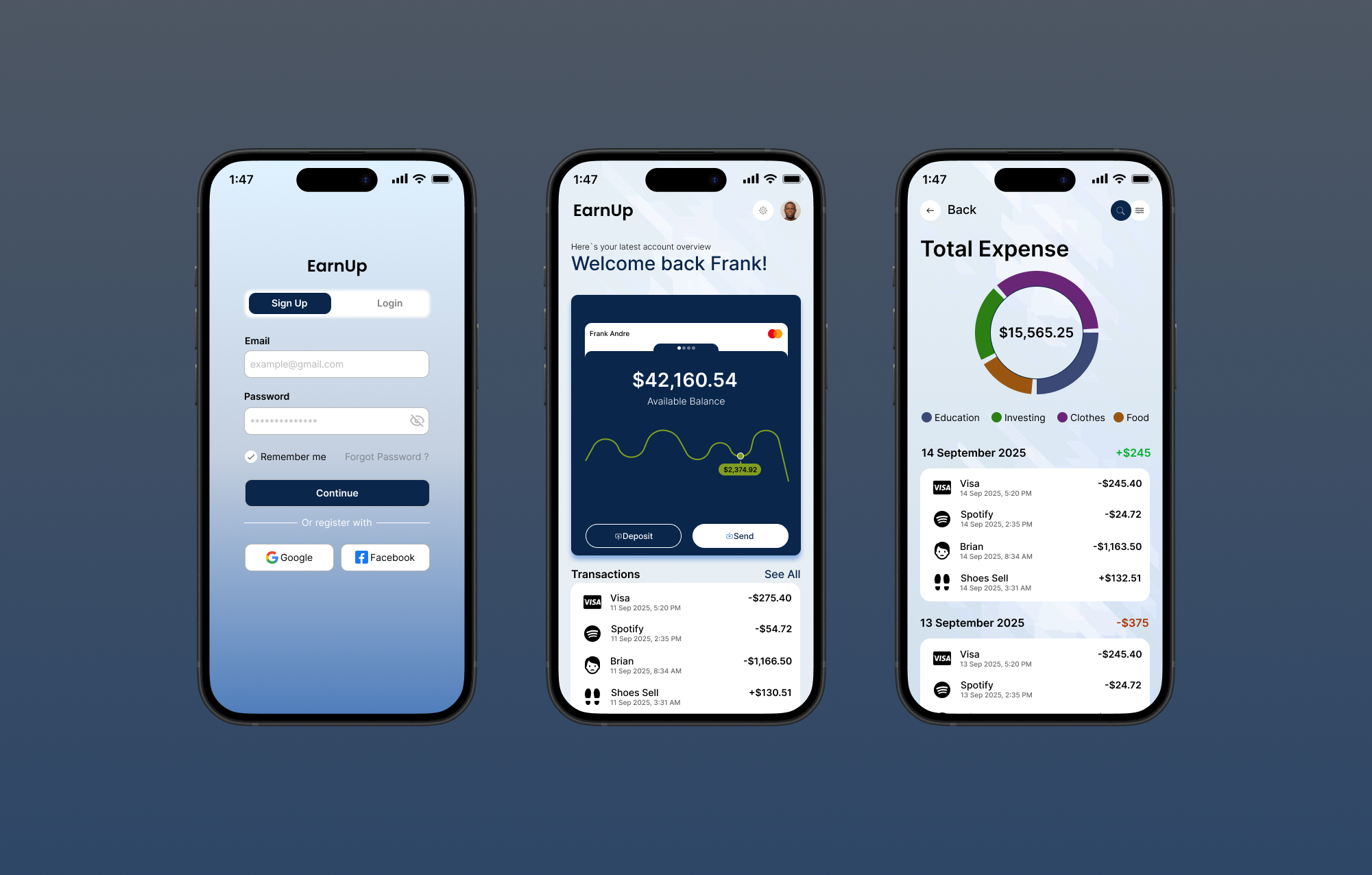 EarnUp - Personal Finance Dashboard branding graphic design mobile mobile app product design ui uiux uiux product product design