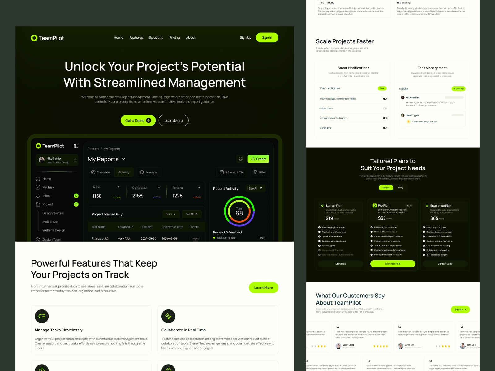 TeamPilot — Next-Gen SaaS Dashboard & Project Management Landing ai creative design darkmode dashboard design design system landingpage ui lightmode minimal ui modern ui productivity project management responsive design saas startup ui design ui kit ux design web design