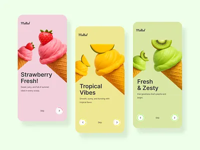 Onboarding Screens - Ice cream App app colors design figma green icecream illustration onboarding red screen typography ui uiux ux yellow