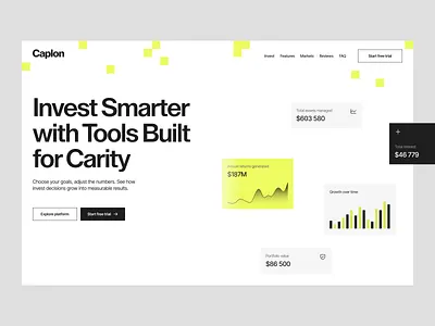 Caplon landing page charts dashboard data design finance fintech growth investment investor landing page layout platform product design startup typography ui ui design ux ux landing web design