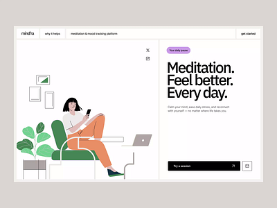 mind'ra home page calm clean colors design health illustration interface landing page layout meditation minimalism pastel soft startup tech typography ui ui design ux wellness app