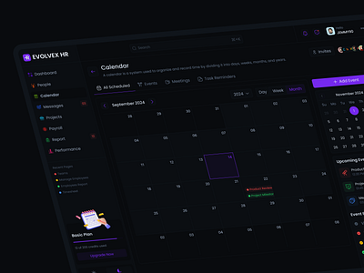 🎯 Calender – Dark Mode Dashboard adminpanel behance dark mode dashboardui design designfordevelopers designinspiration designsystem dribbble figma figmadesign first shot hr invoicetracker saasui ui uidesign uiux uxdesign webappdesign