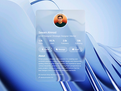 Glassmorphism Profile Card UI creativedesign dashboardui design designsystem digitaldesign figma figmadesign glassmorphism interfacedesign landing page modernui motion graphics productdesign ui uidesign uiux userinterface uxdesign webdesign