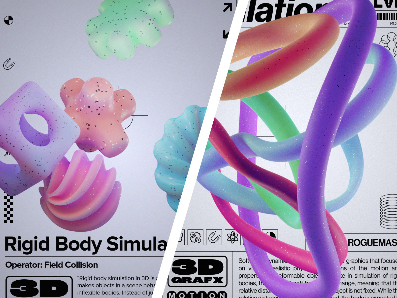 3D Physics Simulation Posters 3d art abstract attractor blender c4d elastic field collision geometric shapes graphic design magnetic motion graphics rigidbody simulations softbody subsurface