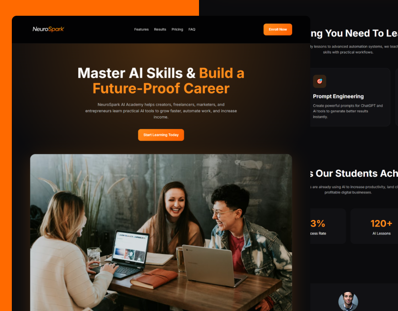 NeuroSpark AI — AI Course Landing Page branding clean web ui design design portfolio project design system figma figma ui design front end development illustration landing page saas ui uiux ux web design webdesign website wireframing