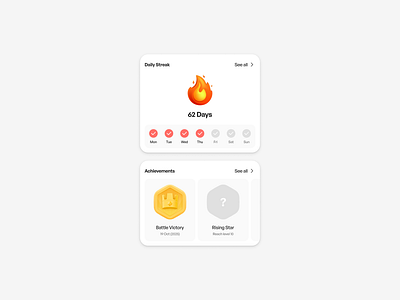 Daily Streak & Achievement Cards UI achivements app design cards ui clean design daily streak daily ui mobile design ui ux