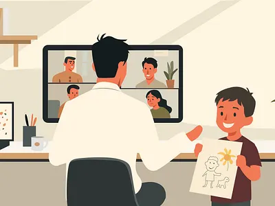 Remote work illustration 2d business family flat illustration job meeting remote work